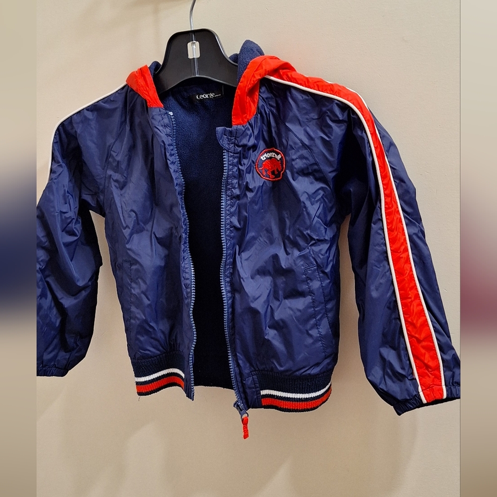 George Boys Jacket Size 6 — Navy Blue Red Stripe Hooded Windbreaker, Excellent